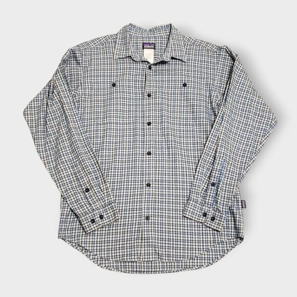 Patagonia Mens Organic Cotton Knit Button Up Shirt Sz Med Blue Check Plaid - Picture 1 of 12